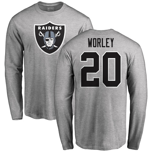 Men Oakland Raiders Ash Daryl Worley Name and Number Logo NFL Football #20 Long Sleeve T Shirt